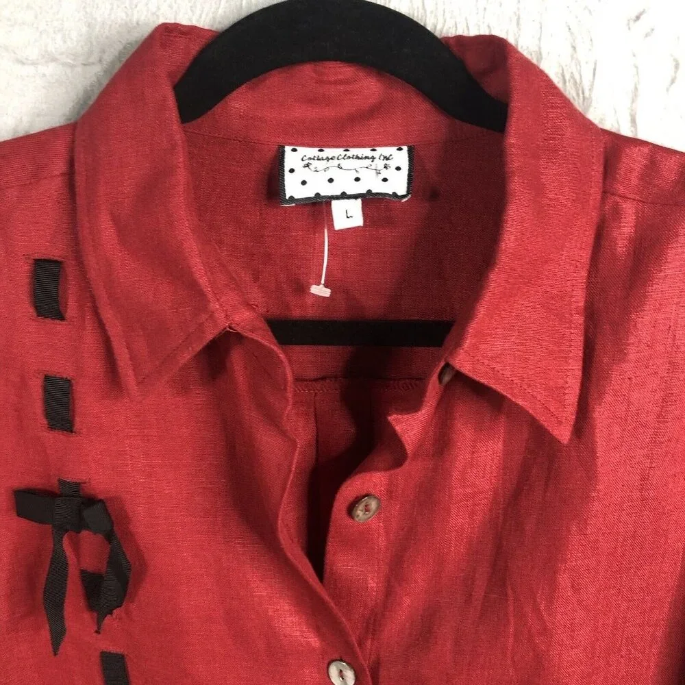 Cottage Clothing Company Top Women Large Red 100% Linen Artsy Airy Lagenlook - Picture 2 of 11